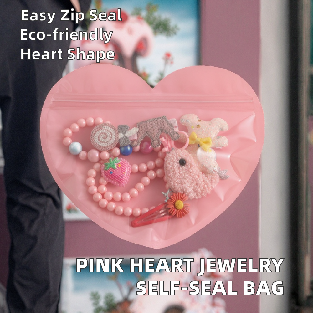 MOQ 100pcs Custom Printed Pink Heart-shaped Valentine's Day Candy Packaging Bag with Zipper Top Self-sealing Food Bag