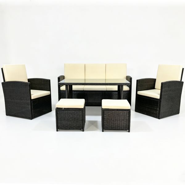 Outdoor Garden and Patio Furniture Set Dining Table and Chairs Rattan  2 Seat and Single Armchair 2 Pieces Stool 1 Piece Table