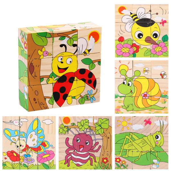 Baby Wooden Block Toys Animal Fruit Early Learning Six Side 3D Cube Jigsaw