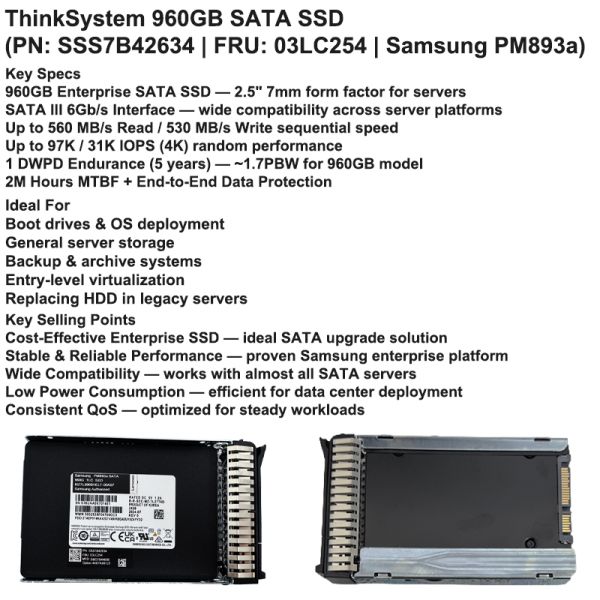 Lenovo ThinkSystem 960GB SATA III 6Gb/s Enterprise Endurance SSD for Server Storage
