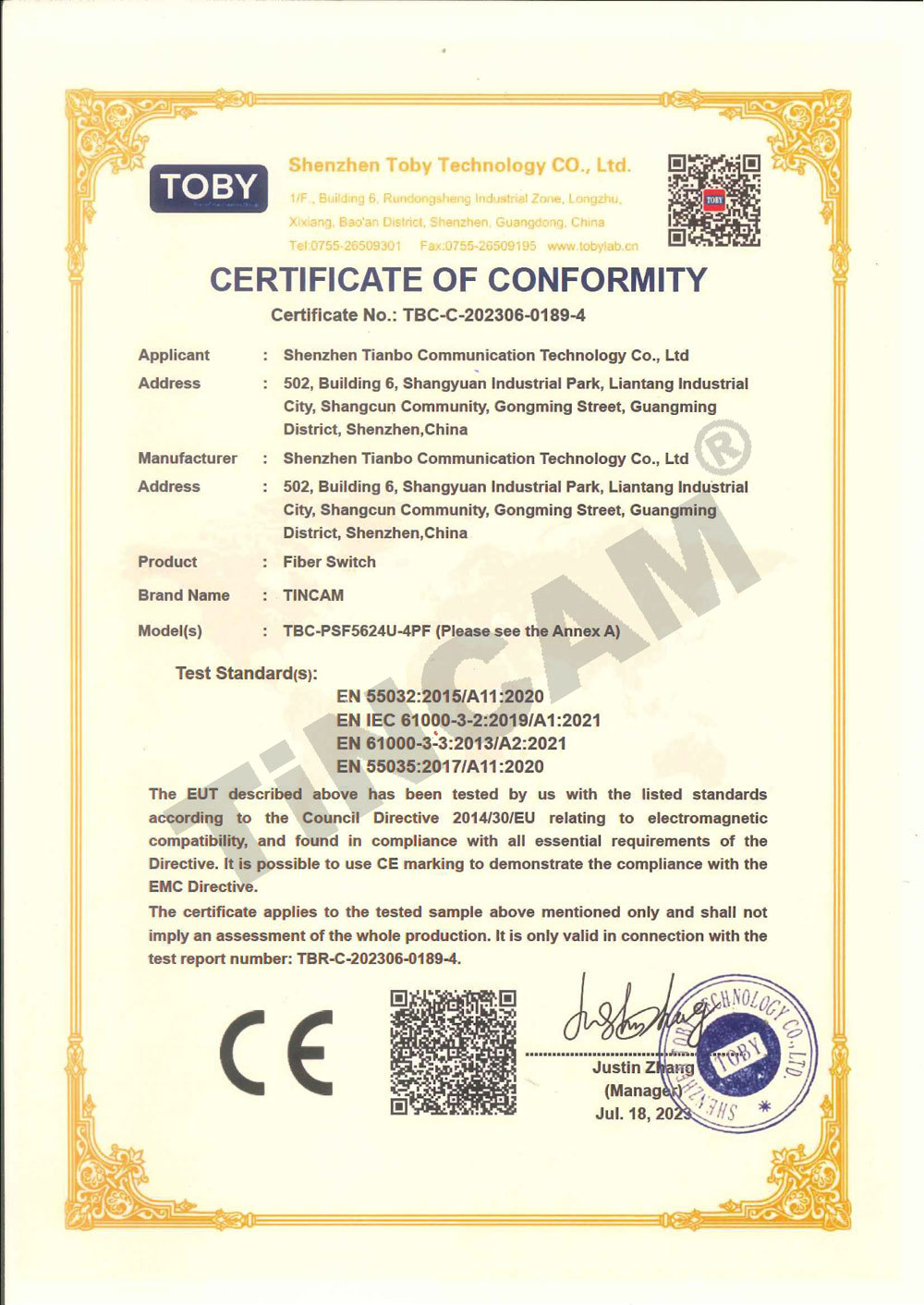 Shenzhen Tianbo Communication Equipment Co., Ltd. Certifications
