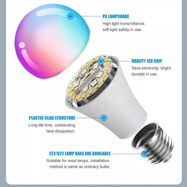 Свет шарика беспроводное 101Lm/W СИД управлением E27 умный WIFI RGB ПРИЛОЖЕНИЯ