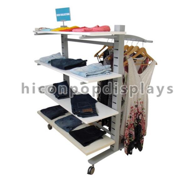 4 Caster Clothing Store Fixtures Double Sided Wood Shelves Slatwall Clothing Rack