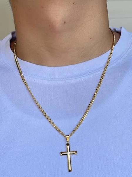 18K Yellow Gold Cross Pendant - Beveled Edge Charm for Men Religious Jewelry for Women