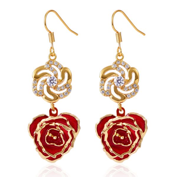 Rose Earrings 24k Gold Dipped Roses Gifts Valentine Day Holiday Everlasting Flowers