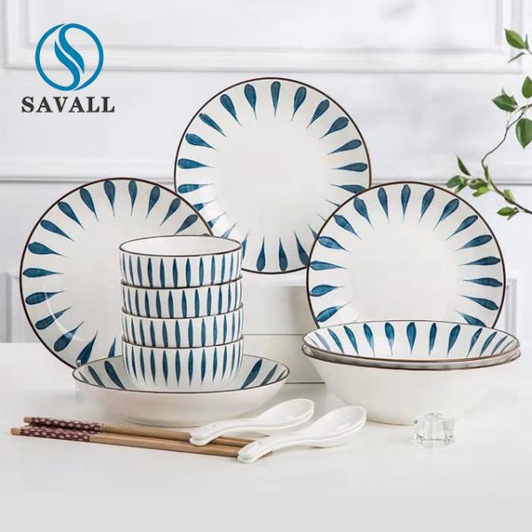 Savall White Round Blue Ceramic Dinner Set Oval Porcelain Table Set