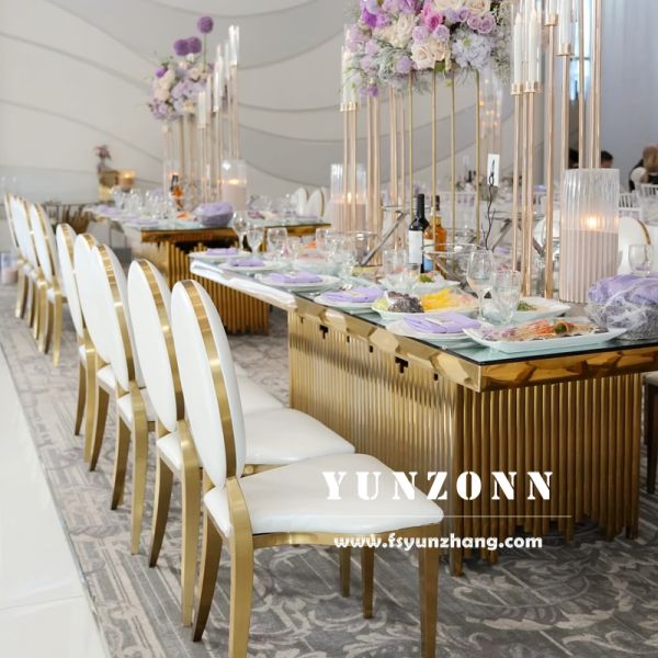 New Design Foshan Hotel Wedding Furniture Gold Stainless Steel Bride and Groom Square Dining Table