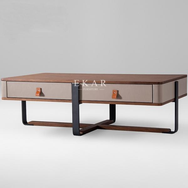 2 Drawer Wooden With Leather Rectangle Metal Frame Modern Coffee Table