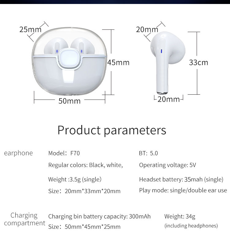 Наушник F70 умный мини Bluetooth с отменой 35mAh шума