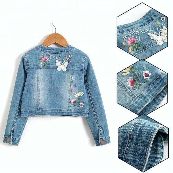 Fashion Design Embroidery Kids Denim Clothes / Jeans Jacket For Girls