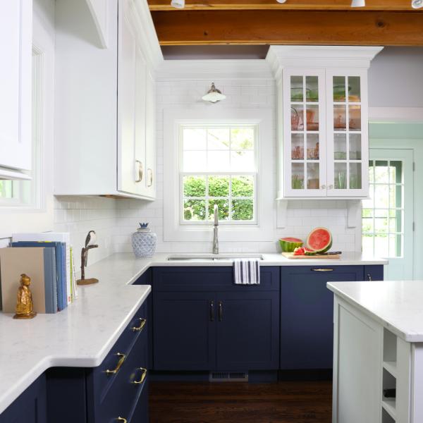 U Shape Modern Style Navy Blue And White Shaker Kitchen Cabinets Blue Base Kitchen Cabinets With Countertop