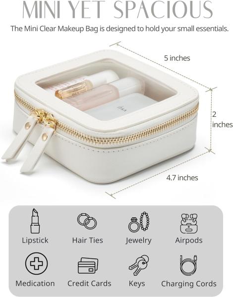 Small Cosmetic Bag for Purse Mini Makeup Bag for School Cute Clear Make Up Pouch for Travel Tiny Leather White Make Up O