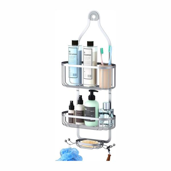Non-slip Stylish Silver Shower Caddy Shower Storage Rack Basket with Hooks for Razor and Sponge