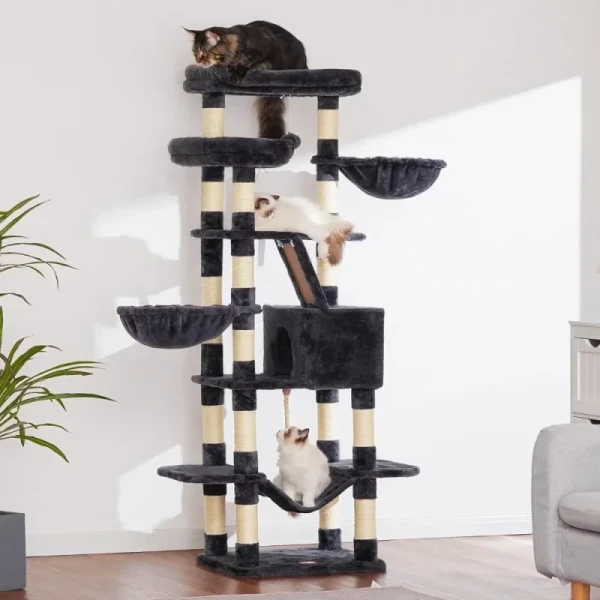 Luxury Indoor Cat Tree with Multi-Level Wood Tower 2 Widened Plush Perches & Halloween Cat Condo Scratching Board Modern Style