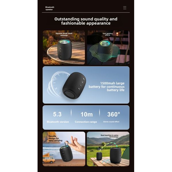 Portable Outdoor 10W TWS Stereo Bass Mini Subwoofer Speaker RGB Light IPX-6 Waterproof