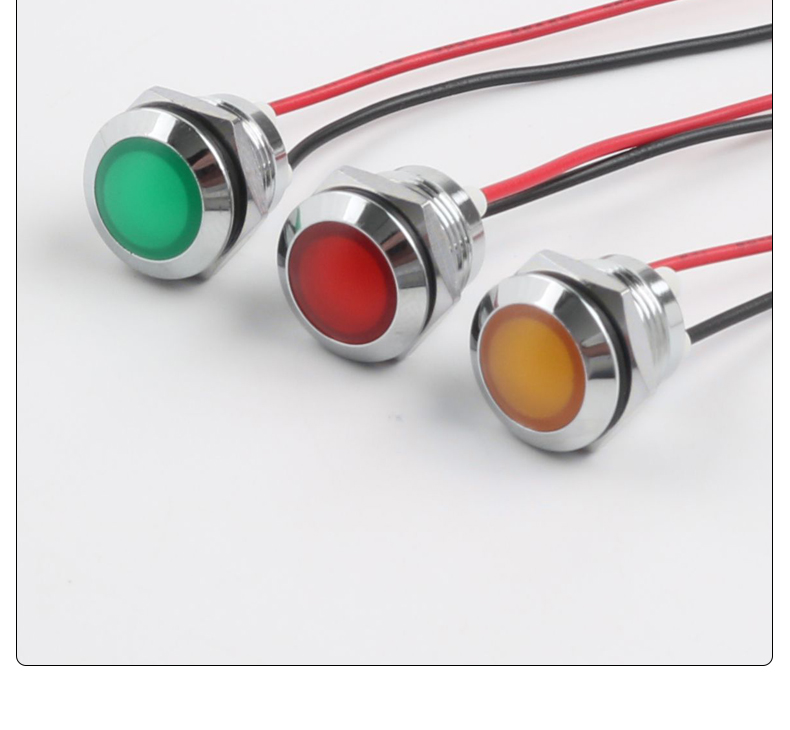 IP66 12mm Metal Power LED Indicator Light 150mm Industrial Control Red Green Yellow Blue White 6V 24V 220V 50000 Hours Lifespan