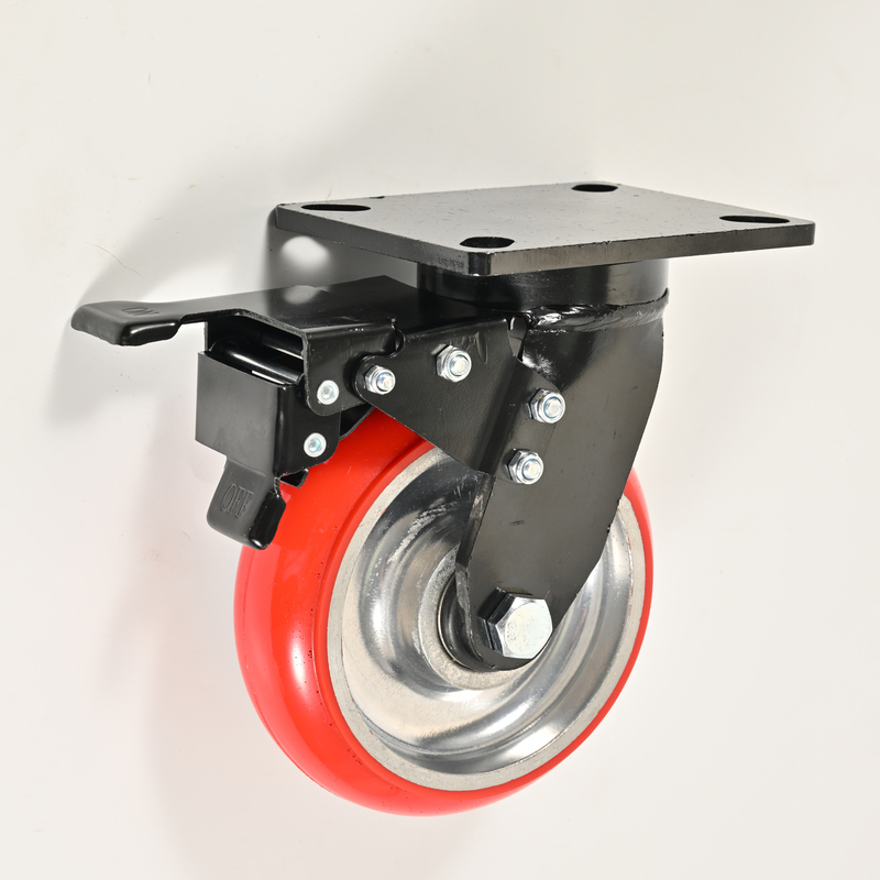 6 Inch Heavy Duty Brake Caster 600kg PU Wheel Lockable Aluminon Core  Shock Absorbing