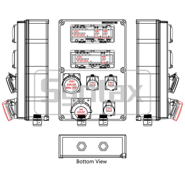 Syntax JS5 Wall-Mounted & Portable Industrial Power Distribution Box 63AMP 3 Phase IP65 Waterproof with RCBO Protected 360*540*180mm