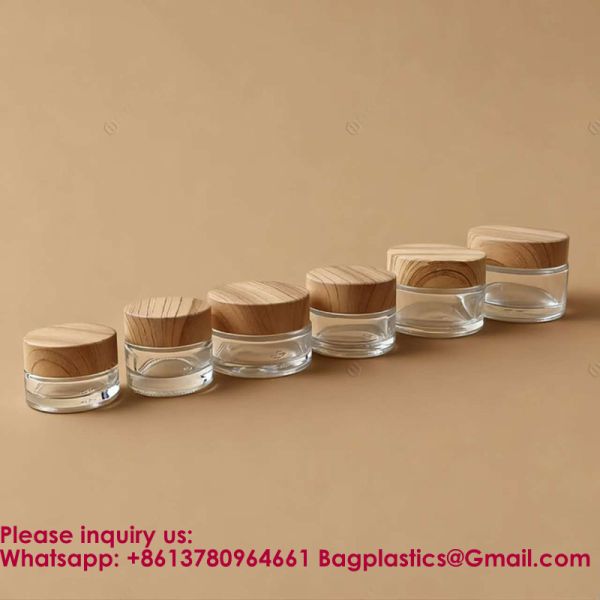 Glass Jars With Lids Clear Small Jars With Plastic Woodgrain Lids, White Labels And Inner Liners Empty Round Cosmetic Containers For Creams Lotions Candle Making (Clear)