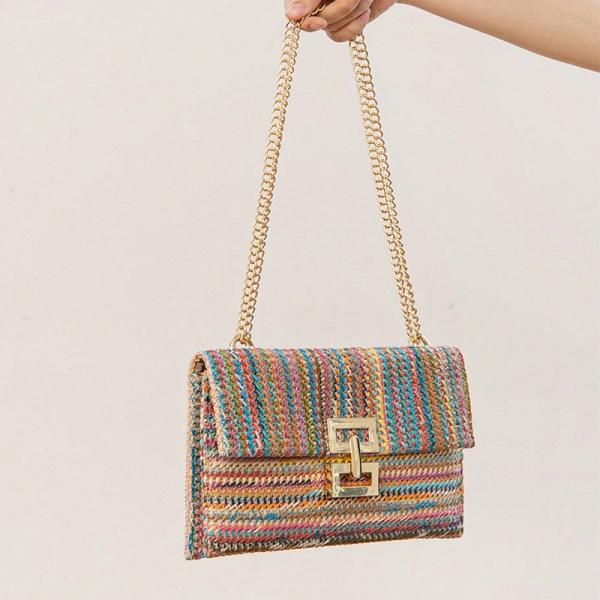 NEW HOLIDAY WIND MULTI-LAYER CHAIN CLAMSHELL LOCK STRAW BAG SHOULDER BAG CROSS-BORDER WOMEN'S BAG