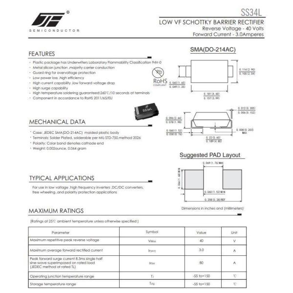 SS34L/SS345L/SS36L/SS38L/SS310L/SS315L/SS320L Low Vf Schottky Rectifier Diode in DO-214AC Package
