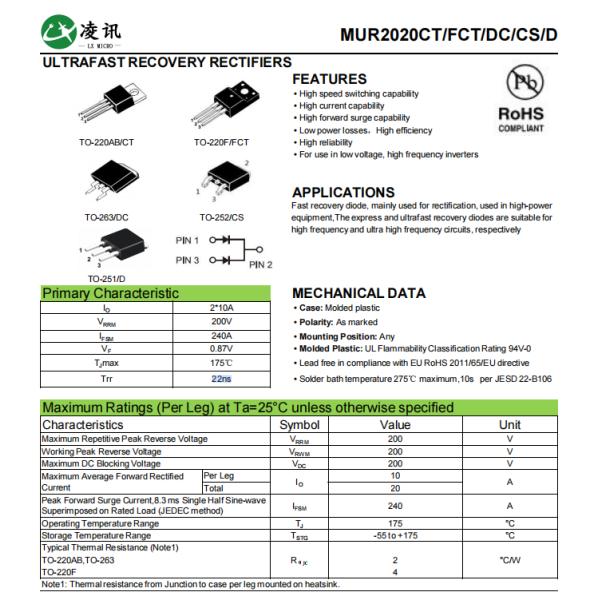 20A200V Fast Recovery Diodes For Data Storage Systems TO-220F MUR2020FCT