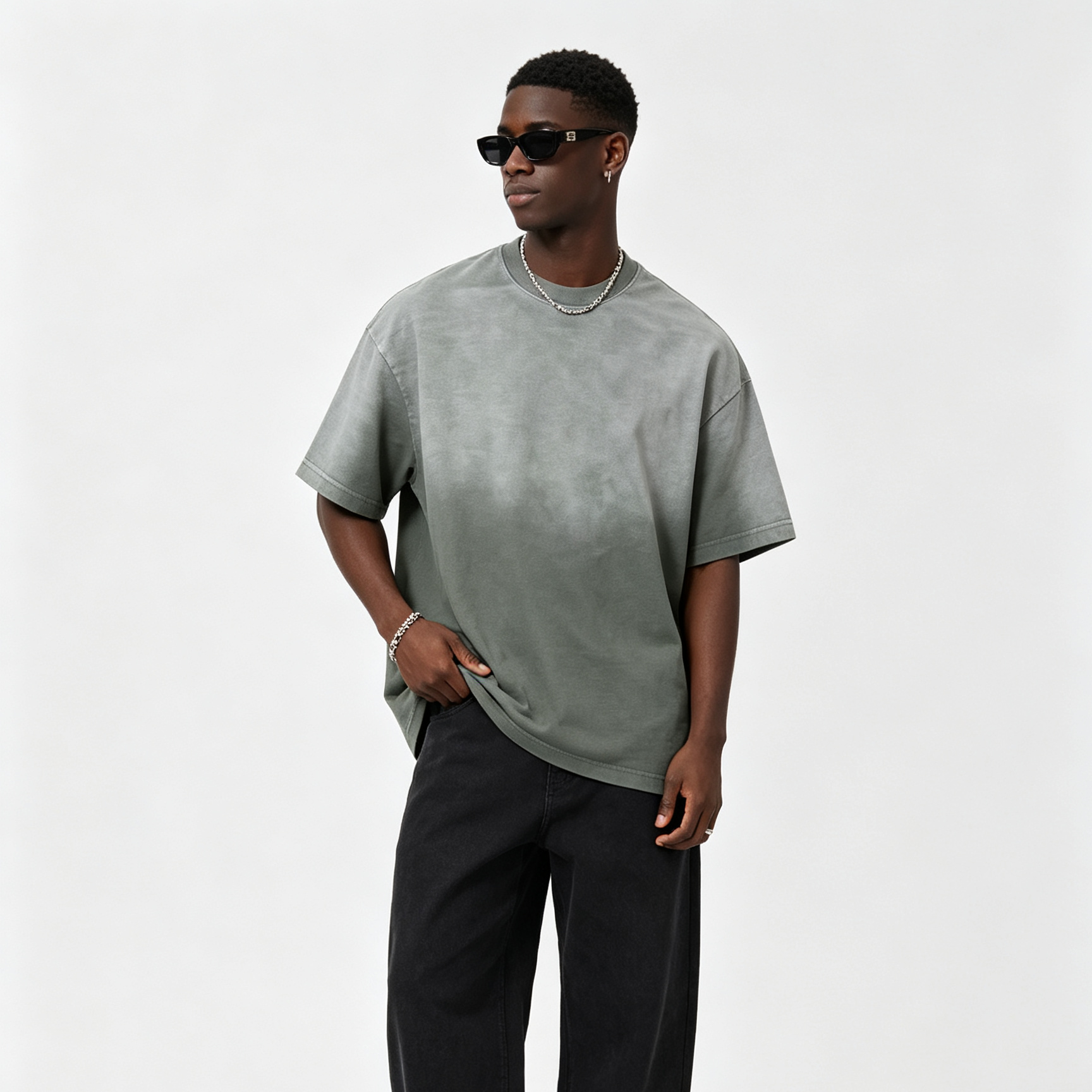 Gradient Wash Drop Shoulder Tee 320GSM Distressed Vintage Tee 100% Cotton