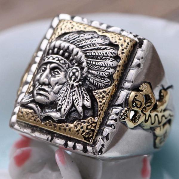 Men Antique Indian Chief 2 Tone Golden Sterling Silver Ring (058843)