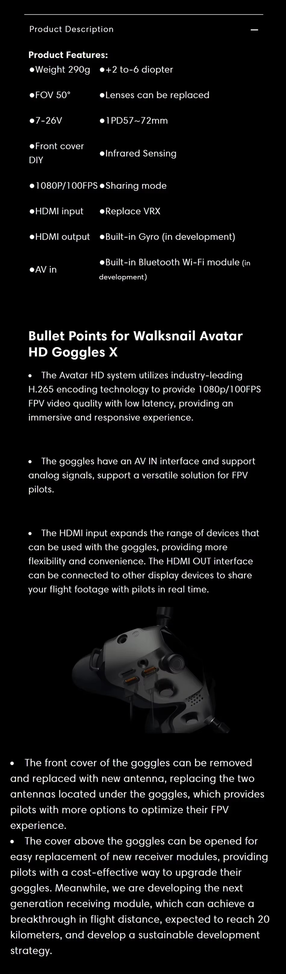 Walksnail HD X 1080P 100FPS Modulo Wi-Fi giroscópico Bluetooth incorporado Gafas de seguridad Avatar 7-26V FPV Drones Protección de seguridad de ala fija
