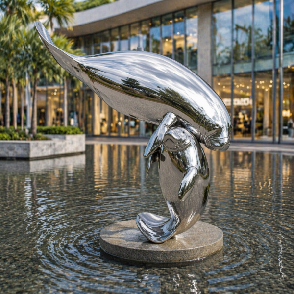 Life Size Outdoor Stainless Steel Manatee Sculpture Mirror Polished Ocean Animal Statue for Plaza Park Seaside Decoration Art