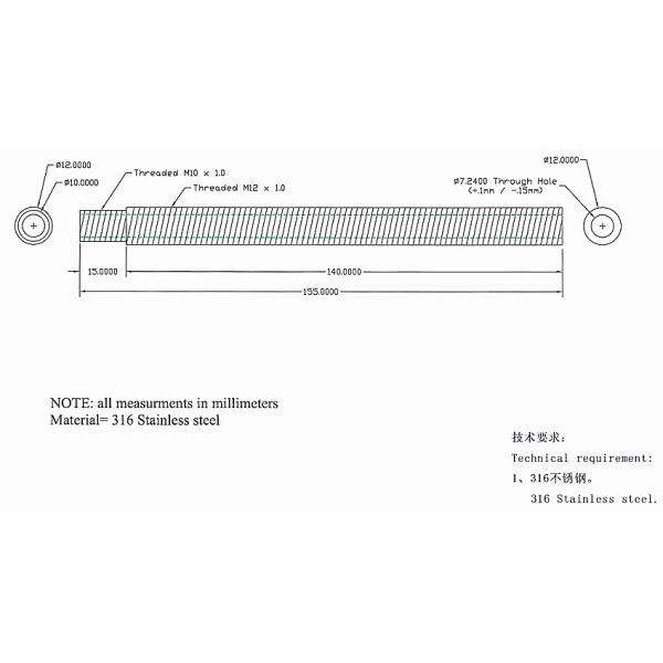 M12x1 tubo de acero roscado de 155 mm de largo zincado galvanizado