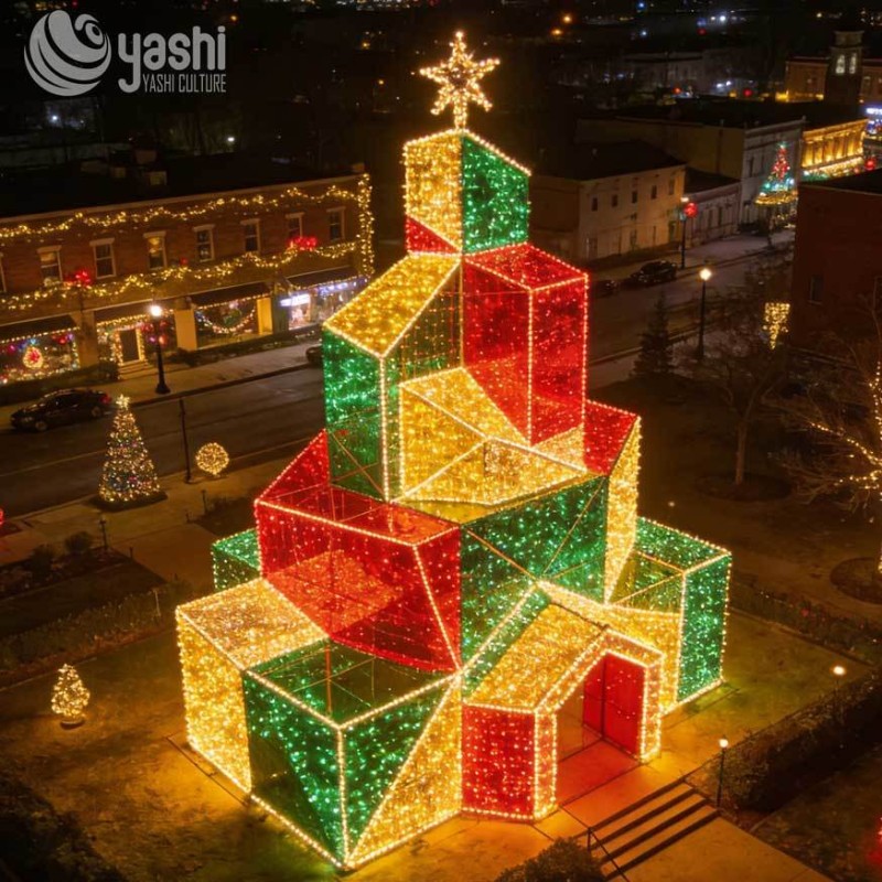 3D Gift Box Walk-through Christmas Light House, Custom Outdoor LED Cube Light Sculpture for Holiday Light Show