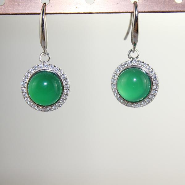 Sterling Silver 9mm Round Green Jade  Cubic Zirconia Dangle Earrings( PSJ025E)