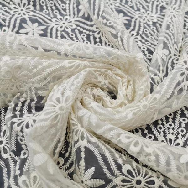 Polyester Cotton 130cm White Embroidered Lace Fabric For Wedding Dresses