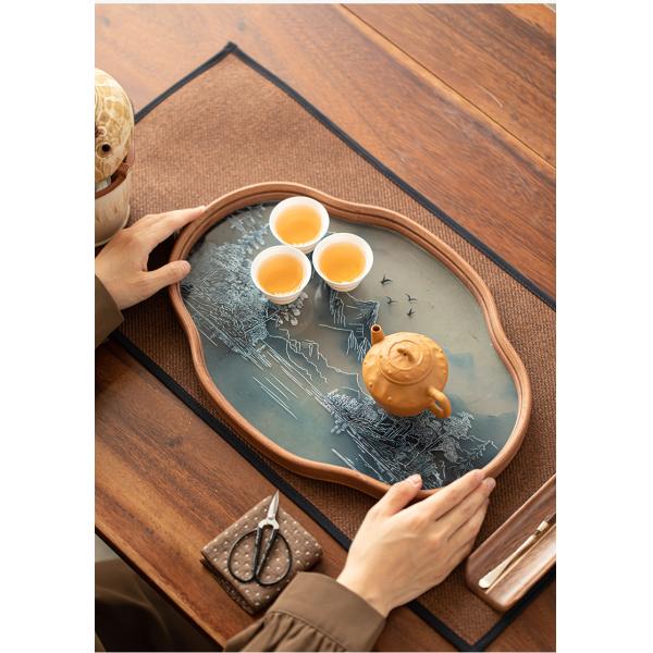 New Chinese Landscape Bamboo Glass Home Tea Tray