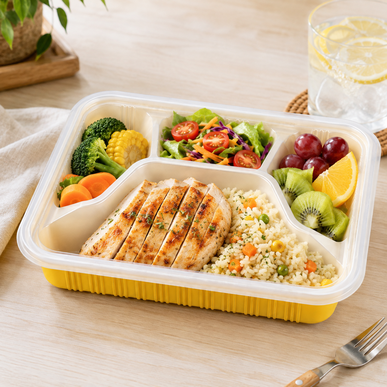 Yellow Multi Compartment Trays Four Section PP Food Tray for Catering Portion Control