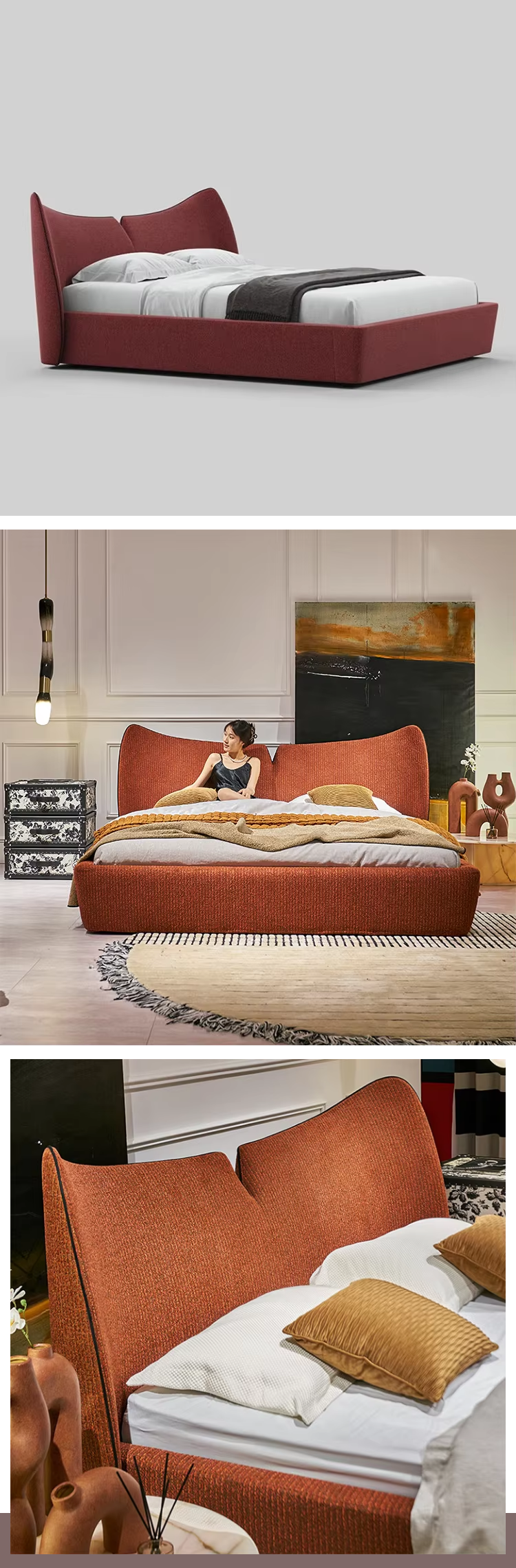 Modern Luxury Velvet Upholstered Bed with Warm Orange Headboard Stylish Bed for Bedroom Hotel Resort