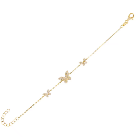 14K Золотой Трипл Бабочка Цепочка Браслет Чистый CZ Серебряный Цепочка Браслет 925