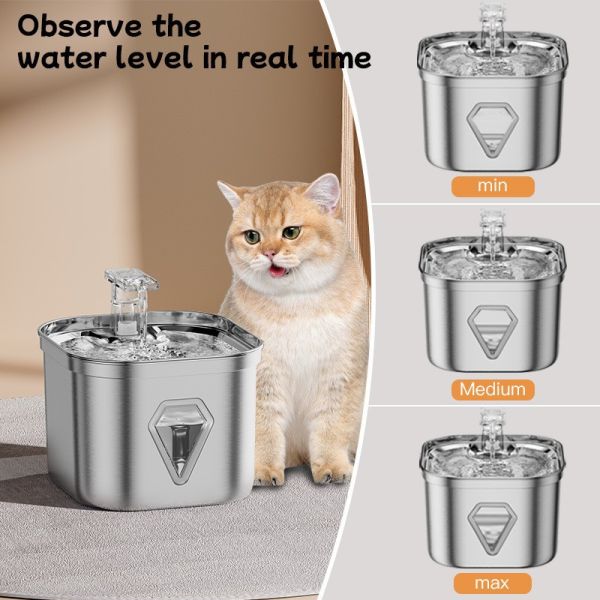 2.5L Stainless Steel Automatic Pet Water Fountain Portable Pet Dispenser Water Level Window Charge Power Source for Cats Dogs