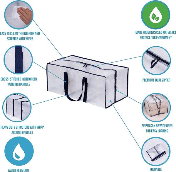 Heavy Duty Extra Large Clear Moving Bags W/Backpack Straps Strong Handles & Zippers, Storage Totes For Space Saving