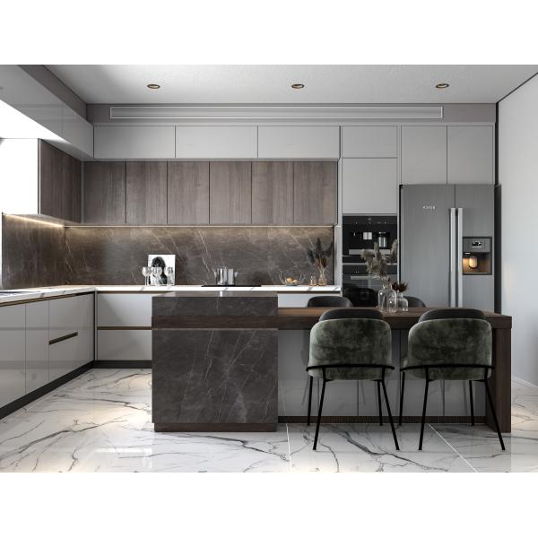 High Gloss OEM Furniture Modular Lacquer Kitchen Cabinets With Marble