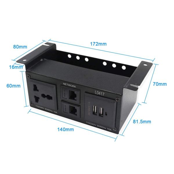 Aluminum Alloy Desk Mount Power Strip , Usb Power Strip Under Table With 2 USB Charger