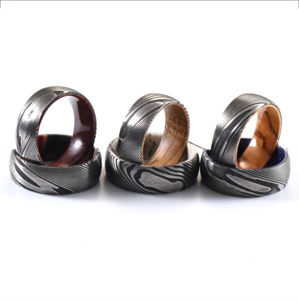 Sample Making 8mm Dome Latest Damascus Steel Ring With Blue Purple Wood Sleeve Inlay Wedding Engagement Men's Gift Party