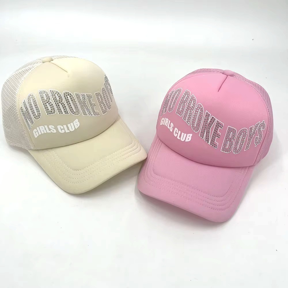 Rhinestone Mesh 5 Panel Trucker Cap Curved Brim For Sport Snapback Cap