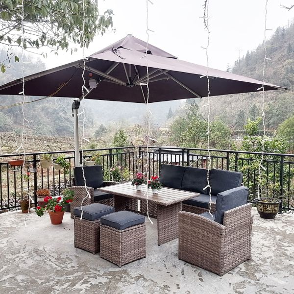 6 Pieces Patio Dining Set All Weather Wicker Furniture Steel Frame Rattan Dining Table and Chair Poly Wooden Table Top