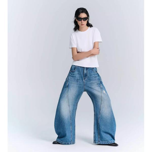 Denim Fabric Deconstructed Wide Leg Jeans for Men and Women in Plus Size Streetwear