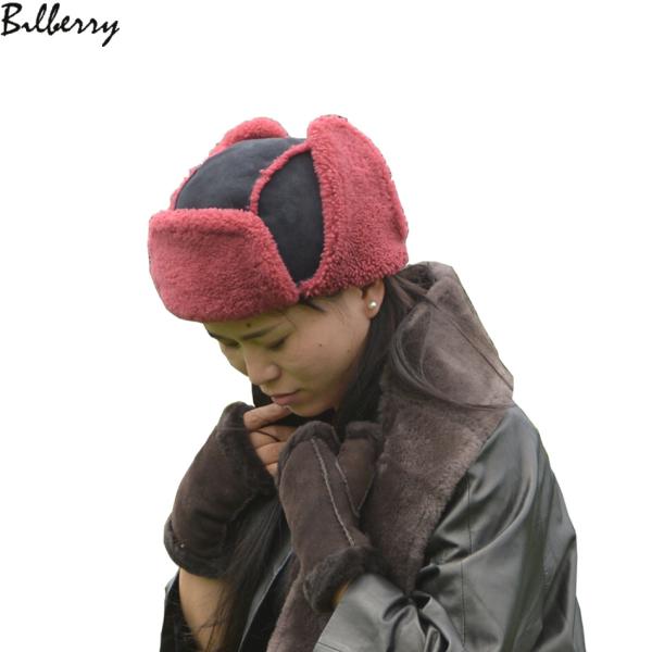 Australian Shearling Sheepskin Double Face Ladies Leather Fur Trim Trapper Hat with Earflap in Winter