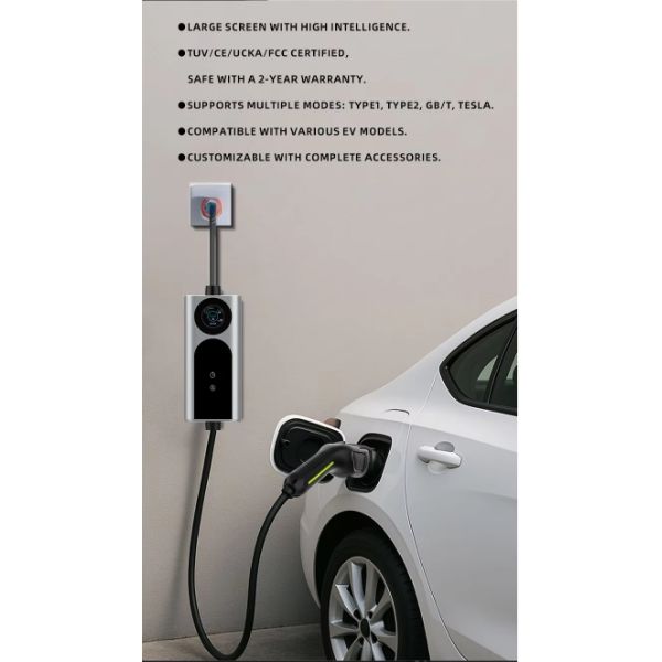 Portable EV Car Charger ideal for road trips camping and emergency charging supports multiple plug types and adjustable output power