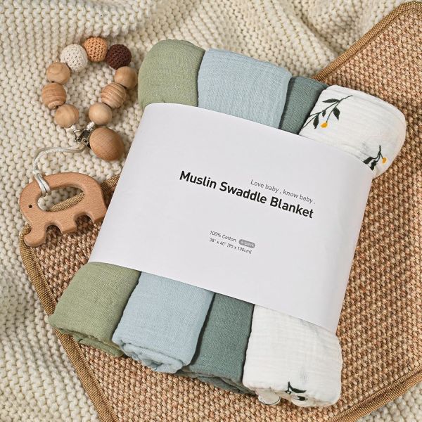 4-Pack Muslin Swaddle Blankets for Baby, Newborn Receiving Blanket 40 x 38 inches