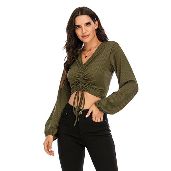 Do decote em V alto da cintura das mulheres pequenas da roupa do grupo partes superiores longas versáteis finas do short da luva